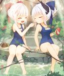  2girls :d ahoge bangs blunt_bangs blurry blush bow breasts cake cherry cleavage closed_eyes collarbone crossed_legs dated depth_of_field earrings eating food foreshortening fruit full_body hair_bow hair_ornament half_updo holding horns impossible_clothes impossible_swimsuit jakoujika jewelry knees_together_feet_apart leaf legs light_rays multiple_girls name_tag nature one-piece_swimsuit open_mouth original outdoors partially_submerged plant plate ponytail school_swimsuit shiny shiny_hair short_hair short_ponytail sideboob signature silver_hair sitting smile soda_can sparkle sunbeam sunlight swimsuit water 