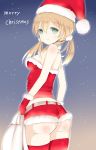  1girl aririn ass belt blonde_hair blush body_blush detached_collar gloves gradient gradient_background green_eyes hat highres holding kantai_collection long_hair looking_at_viewer merry_christmas outline prinz_eugen_(kantai_collection) red_gloves red_legwear sack santa_costume santa_hat short_shorts shorts skindentation smile snow solo thigh-highs twintails 