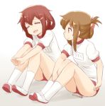  2girls adjusting_buruma adjusting_clothes brown_eyes brown_hair buruma closed_eyes dated folded_ponytail gym_uniform hair_ornament hairclip ikazuchi_(kantai_collection) inazuma_(kantai_collection) jpeg_artifacts kantai_collection multiple_girls nagian shoes sitting socks stretch uwabaki white_legwear 