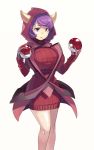  1girl breasts fake_horns highres hoodie horns huge_breasts kagari_(pokemon) kagari_(pokemon)_(remake) muneneko poke_ball pokemon pokemon_(game) purple_hair ribbed_sweater short_hair simple_background solo sweater team_magma thighs violet_eyes white_background 