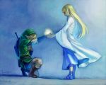  belt blonde_hair blue_eyes gloves hat highres holding_hand link long_hair momoyoshi pointy_ears princess_zelda shield skyward_sword sword the_legend_of_zelda weapon 