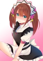  1boy bangs blush bow brown_hair buttons crossdressinging dress frilled_dress frills green_eyes hair_ornament idolmaster idolmaster_side-m long_hair looking_at_viewer maid maid_headdress male mizushima_saki puffy_sleeves shisei_(kyuushoku_banchou) short_sleeves sitting solo star trap twintails 