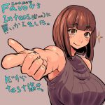  1girl bangs bare_shoulders breasts brown_eyes brown_hair eyebrows foreshortening huge_breasts original pointing pointing_at_viewer ribbed_sweater short_hair sleeveless sleeveless_turtleneck solo sweater translation_request turtleneck ueno_petarou 