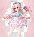  1girl :d bow breasts cookie food frilled_skirt frills garter_straps hair_bow hayama_eishi headphones holding long_hair looking_at_viewer microphone nitroplus open_mouth pink_eyes pink_hair skirt smile solo super_sonico white_legwear 