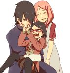  1boy 2girls black_eyes black_hair closed_eyes facial_mark family father_and_daughter forehead_mark glasses hair_over_one_eye haruno_sakura hug mizuto_(o96ap) mother_and_daughter multiple_girls naruto pink_hair red-framed_glasses short_hair sweatdrop sweater thigh-highs uchiha_sarada uchiha_sasuke 