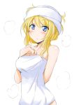  1girl ayase_eli bangs blonde_hair blue_eyes blush chata_maru_(irori_sabou) long_hair love_live!_school_idol_project naked_towel solo standing steam towel towel_on_head white_background 