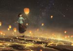  1girl artist_name black_eyes black_hair chinese_clothes commentary horizon kklaji008 light_particles night night_sky open_mouth original scenery short_hair skirt sky smile solo standing_on_one_leg star_(sky) starry_sky walking walking_on_water 