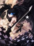  1girl bare_shoulders bikini_top black_gloves black_hair black_rock_shooter black_rock_shooter_(character) blue_eyes boots broken broken_chain chain checkered checkered_floor choker floor gloves glowing glowing_eye highres jacket jacket_over_shoulder looking_at_viewer rff_(3_percent) shorts solo sword twintails uneven_twintails weapon 