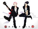  2boys black_hair boots crossed_legs dandy_(space_dandy) electric_guitar guitar instrument johnny_(space_dandy) leather_jacket looking_at_another male microphone mosuko multiple_boys pink_hair pointy_ears pompadour sitting space_dandy 