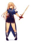  1girl blonde_hair cape highres holding long_hair looking_at_viewer misoni_comi original simple_background smile solo sword weapon white_background yellow_eyes 