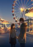  1boy 1girl amusement_park brown_eyes brown_hair couple dusk ferris_wheel hanno highres holding_hands long_hair looking_at_another necktie overcoat pantyhose school_uniform short_hair skirt sky 