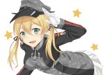  1girl :d anchor anchor_hair_ornament blonde_hair blue_eyes blush bust camouflage camouflage_hat esuto gloves hand_up hat iron_cross kantai_collection leaning_forward looking_at_viewer military military_hat military_uniform open_mouth peaked_cap pleated_skirt prinz_eugen_(kantai_collection) skirt smile solo star twintails uniform white_background white_gloves white_skirt 