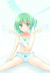  1girl blush bow cinderella_bust daiyousei fairy_wings green_eyes green_hair hair_bow heart heart-shaped_pupils highres mickeysmith navel side_ponytail sitting sitting_on_face sitting_on_person solo symbol-shaped_pupils touhou underwear underwear_only wings 