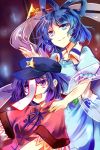  2girls beret blue_dress blue_eyes blue_hair dress hair_ornament hair_rings hair_stick hand_on_shoulder hat jiangshi kaku_seiga kutsuki_kai miyako_yoshika multiple_girls ofuda open_mouth outstretched_arms puffy_short_sleeves puffy_sleeves purple_hair shawl shirt short_hair short_sleeves smile touhou violet_eyes zombie_pose 