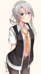  1girl arms_behind_back asymmetrical_hair black_legwear blue_eyes blush grey_hair highres kantai_collection necktie nowaki_(kantai_collection) open_clothes open_shirt pantyhose school_uniform short_sleeves shuuichi sketch solo twitter_username 