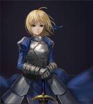  1girl ahoge armor armored_dress blonde_hair caliburn dress fate/stay_night fate_(series) green_eyes makesi planted_sword planted_weapon saber solo sword weapon 