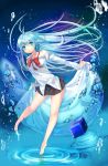  1girl barefoot blue_eyes blue_hair bow denpa_onna_to_seishun_otoko feet hayama_eishi highres long_hair off_shoulder open_mouth pleated_skirt revision school_uniform skirt solo touwa_erio 