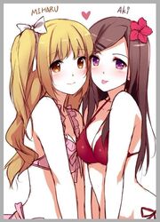  2girls :p aki_(caidychen) bangs bikini bikini_bottom bikini_top blonde_hair blunt_bangs blush breasts brown_hair caidychen cleavage collarbone flower_hair_ornament frilled_swimsuit frills hair_ornament hair_ribbon hairclip heart long_hair miharu_(caidychen) multiple_girls original parted_bangs pink_swimsuit red_swimsuit ribbon side-tie_bikini side_ponytail simple_background sketch smile swimsuit tongue tongue_out violet_eyes wavy_hair white_background white_ribbon yellow_eyes 