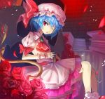  1girl ascot bat_wings blue_hair flower hands_together hayama_eishi interlocked_fingers looking_at_viewer mob_cap petals red_eyes remilia_scarlet rose short_hair sitting solo touhou wings wrist_cuffs 