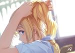  adjusting_hair ayase_eli backlighting blonde_hair blue_eyes blurry caidychen classroom depth_of_field indoors light_particles looking_at_viewer looking_back love_live!_school_idol_project ponytail profile school_uniform short_sleeves signature sketch 
