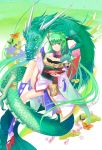  1girl bare_shoulders breasts butterfly cleavage dragon dragon_horns flower green_eyes green_hair hayama_eishi highres long_hair looking_at_viewer original petting smile 