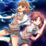  2girls armband brown_eyes brown_hair chi_yu coin long_hair misaka_mikoto multiple_girls nail school_uniform shirai_kuroko short_hair shorts sweater_vest to_aru_kagaku_no_railgun to_aru_majutsu_no_index twintails 