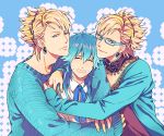  3boys alternate_costume blonde_hair blue_eyes blue_hair dramatical_murder earrings glasses hair_ornament hairclip hug ishi_shi jewelry looking_at_viewer multiple_boys seragaki_aoba sweat trip_(dramatical_murder) virus_(dramatical_murder) 