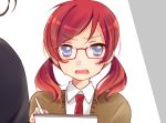  1girl alternate_hairstyle bespectacled blush face glasses love_live!_school_idol_project nishikino_maki open_mouth portrait puzsan red-framed_glasses redhead short_hair short_twintails solo sweater twintails violet_eyes 