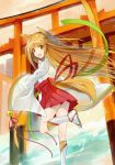  1girl :d blonde_hair fox_tail hayama_eishi japanese_clothes long_hair looking_at_viewer open_mouth original pleated_skirt skirt smile solo tail yellow_eyes 