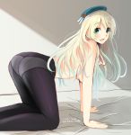  1girl arm_support ass atago_(kantai_collection) bed black_legwear blonde_hair dated green_eyes hat highres kantai_collection kneeling long_hair looking_at_viewer military_hat open_mouth panties panties_under_pantyhose pantyhose see-through smile solo topless underwear 