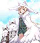 &gt;:3 1girl animal_ears armor bangs bell bell_collar blonde_hair brown_eyes cape cat_ears chain clouds collar hat kuraishi_tanpopo pleated_skirt rabbit red_eyes school_uniform short_hair skirt sky smile standing weapon witch witch_craft_works witch_hat yumesato_makura 