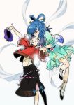  2girls aqua_dress beret blue_eyes blue_hair closed_eyes dress fang flower forehead_kiss hair_ornament hair_rings hair_stick hat hat_removed headwear_removed jiangshi kaku_seiga kiss midriff miyako_yoshika multiple_girls navel open_clothes open_vest outstretched_arms scar seeker short_hair smile touhou vest zombie_pose 