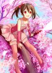  1girl :d bare_shoulders black_hair blush cherry_blossoms clouble detached_sleeves flat_chest in_tree looking_at_viewer love_live!_school_idol_project open_mouth petals pink_legwear pink_skirt red_eyes short_hair sitting sitting_in_tree skirt smile solo thigh-highs tree twintails yazawa_nico 