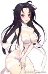  1000marie 1girl bandages black_hair blush breasts hair_down heterochromia long_hair looking_at_viewer nail_polish naked_bandage open_mouth solo violet_eyes watermark white_background 