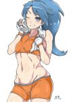  1girl battle_girl_(pokemon) bike_shorts blue_eyes blue_hair dated fingerless_gloves flat_chest gloves grin kaeru_otoko midriff navel one_eye_closed pokemon pokemon_(game) pokemon_oras smile solo sports_bra sweat toned towel towel_around_neck 