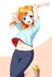  1girl :d arms_up blue_eyes blush kousaka_honoka love_live!_school_idol_project natsuki_shuri navel open_mouth orange_hair pants shoes short_hair side_ponytail sketch smile sneakers solo t-shirt 