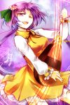  1girl biwa_lute dress flower hair_flower hair_ornament instrument kutsuki_kai long_sleeves low_twintails lute_(instrument) musical_note one_eye_closed open_mouth purple_hair shirt smile solo touhou tsukumo_benben twintails violet_eyes yellow_dress 