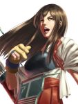  1girl akagi_(kantai_collection) arrow breasts brown_eyes brown_hair bust hakama_skirt highres japanese_clothes kantai_collection long_hair looking_at_viewer michitarou muneate open_mouth quiver simple_background solo tasuki white_background yugake 