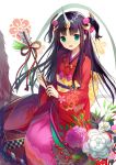  1girl :d arrow black_hair flower green_eyes hair_ornament hayama_eishi holding horn japanese_clothes kimono long_hair looking_at_viewer open_mouth original sitting smile solo two_side_up 