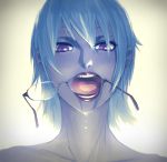  1girl blue_hair drooling drop face glasses glasses_in_mouth glasses_removed looking_at_viewer mouth_hold noname_(metaldragonfly) open_mouth original portrait saliva short_hair solo teeth tongue violet_eyes 