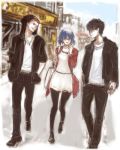  1girl 2boys alternate_costume bag black_hair black_legwear blue_eyes blue_hair casual ciel closed_eyes dress glasses hands_in_pockets hatayanagi_shizuku hoodie inui_arihiko jacket jewelry multiple_boys necklace redhead short_hair smile toono_shiki tsukihime walking 