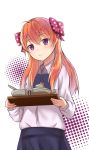  1girl bangs bow bowtie cjl6y5r gekkan_shoujo_nozaki-kun hair_bow holding long_hair long_sleeves orange_hair pleated_skirt polka_dot polka_dot_bow sakura_chiyo school_uniform shirt skirt smile solo standing tea_set teapot tray violet_eyes white_shirt 