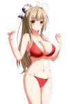  1girl amagi_brilliant_park antenna_hair arms_up bikini bow breasts brown_eyes brown_hair cleavage cowboy_shot hair_bow highres large_breasts long_hair looking_at_viewer ponytail sento_isuzu solo swimsuit toid310 white_background 
