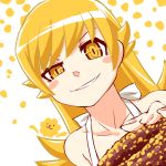  1girl bakemonogatari bare_shoulders blonde_hair blush_stickers collarbone doughnut dutch_angle long_hair looking_at_viewer monogatari_(series) noname_(metaldragonfly) oshino_shinobu portrait smirk solo yellow_eyes 