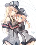  bismarck_(kantai_collection) blonde_hair blue_eyes gloves hat highres hug kantai_collection long_hair peaked_cap prinz_eugen_(kantai_collection) smile toosaka_asagi twintails uniform 