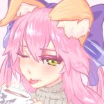  1girl animal_ears blush bow caster_(fate/extra) cat&#039;s_tongue cup fate/extra fate_(series) hair_bow long_hair noname_(metaldragonfly) one_eye_closed pink_hair portrait ribbed_sweater solo sweater tears tongue tongue_out yellow_eyes 