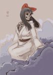  1girl black_hair bow clouds commentary_request hair_bow hime_cut japanese_clothes kimono long_hair monster_girl off_shoulder original skeleton solo ueno_petarou 