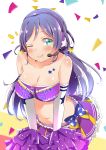  1girl bare_shoulders breasts cheerleader cleavage elbow_gloves gloves headset highres long_hair looking_at_viewer love_live!_school_idol_project midriff pom_poms purple_hair skirt smile solo takaramonozu toujou_nozomi twintails 