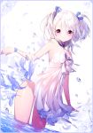  1girl artist_name blush bubble choker dress feathers hair_ribbon looking_at_viewer original pink_eyes ribbon short_hair smile solo sorolp strapless_dress two_side_up wading water white_background 