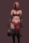  1girl black_gloves black_legwear breasts bustier cleavage club dark_souls_2 desert_sorceress elbow_gloves garter_straps gloves hood large_breasts midriff over-kneehighs red_hood shaded_face side_slit skirt solo souls_(from_software) thigh-highs toned ueno_petarou weapon 